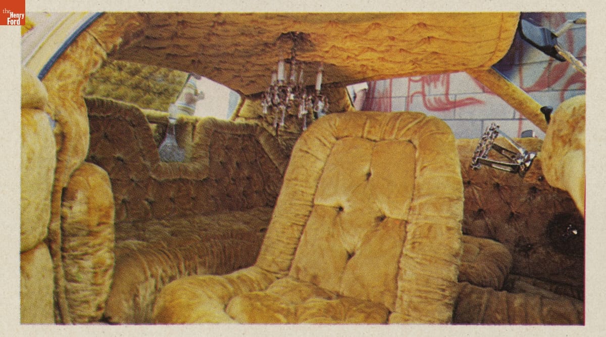 Technical Low Rider Magazine, 1981 / page 23 detail Car interior upholstered entirely in thick, mustard-yellow tufted velvet; a chandelier hangs from ceiling