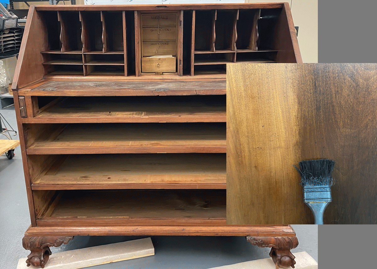 Application of the gel stain on the desk surface.