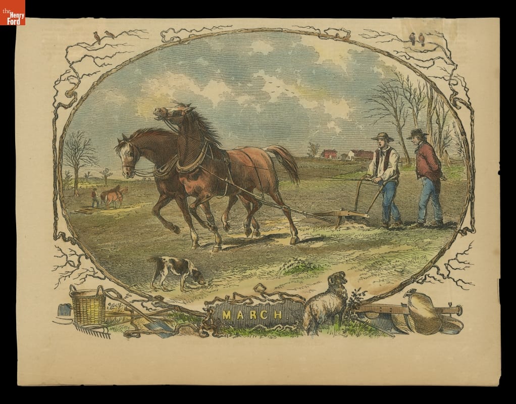 Wood Engraving, "March," 1854 Oval illustration showing two horses and two men plowing a field with another team and farmhouse in the background; contains text "March"