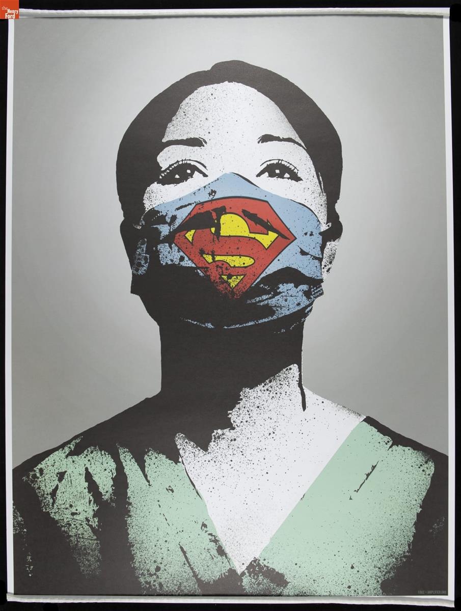 Poster, "Super Nurse," 2020 Portrait of woman with dark hair in green scrubs wearing blue face mask marked with yellow and red "Superman" symbolic S