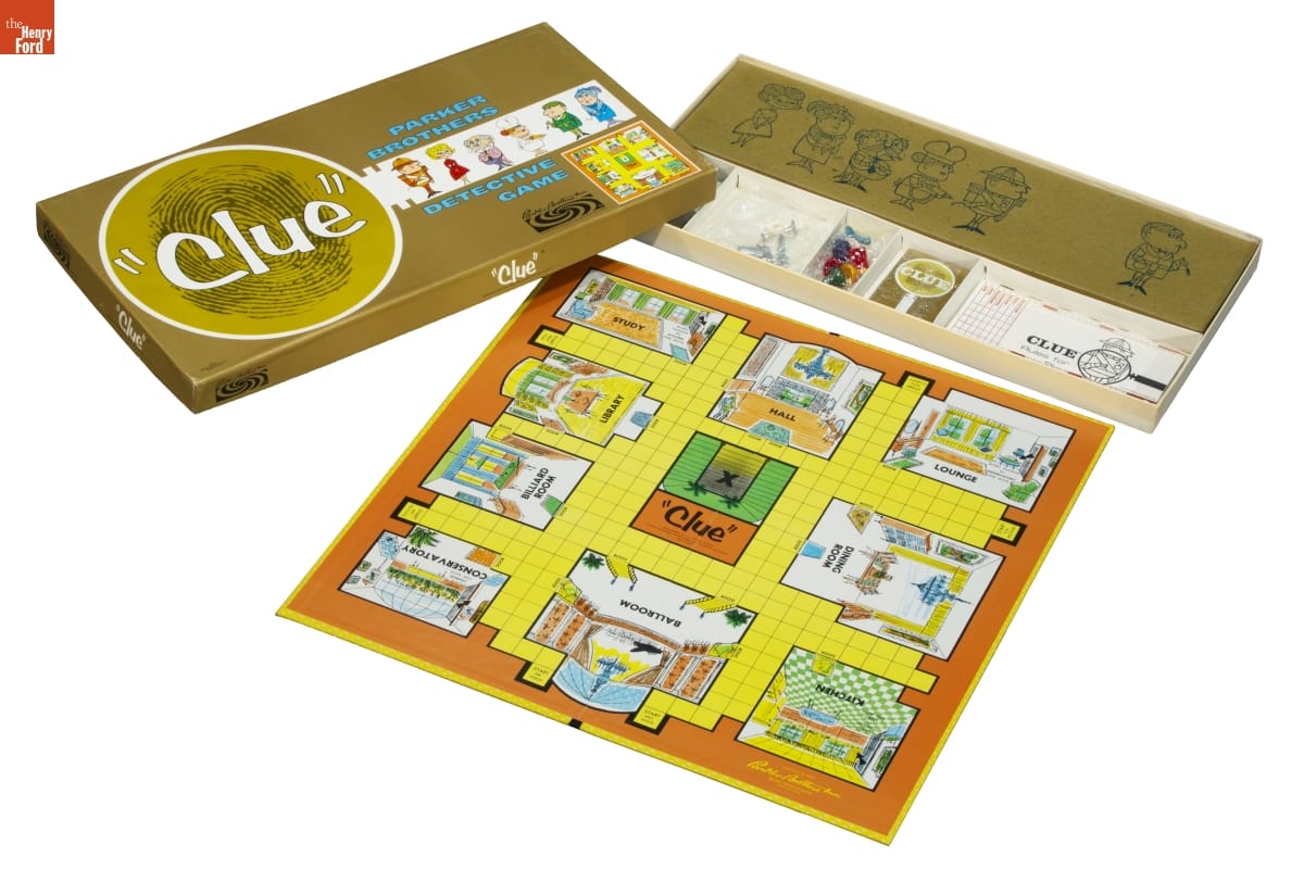 Clue Board Game, circa 1963 Gameboard, box top, and box bottom filled with cards and game pieces
