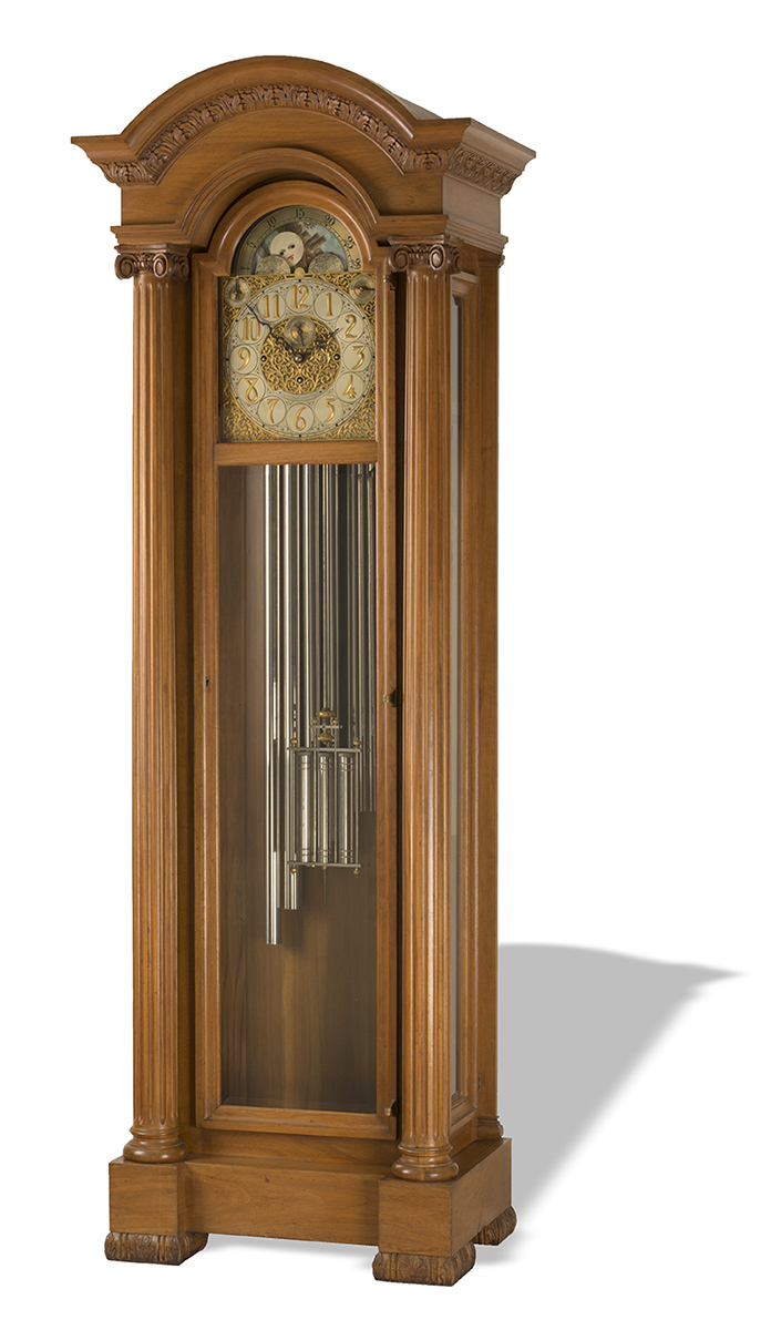 Tall Case Clock, Used by Henry Ford at the Ford Motor Company Engineering Laboratory Wooden grandfather clock with glass door and chimes visible inside