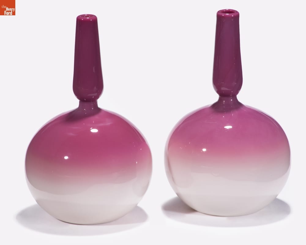 Peachblow Vases, 1885-1888 Two glass vases with rounded bodies and long, thin necks, morphing in color from white at the bottom to dark pink at the top