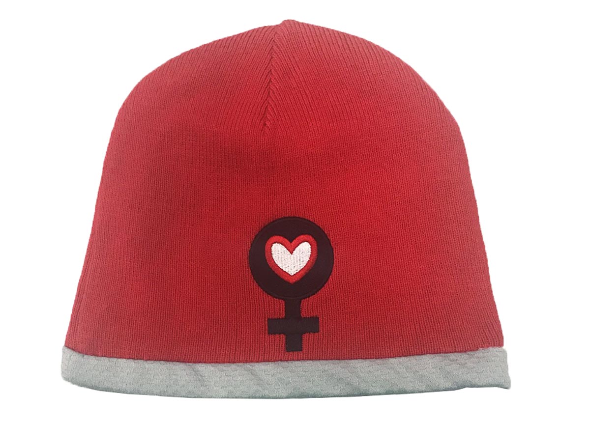 Hat, 2016-2017 Red beanie with symbol for female with a heart inside it on the front
