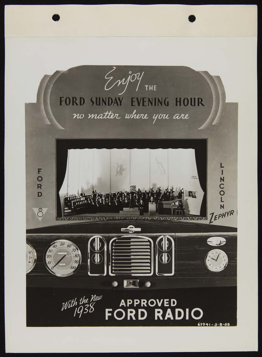 Ford Dealers' Counter Display for Ford Car Radios, March 1938 Display with image of orchestra on stage above a car dashboard, including radio; also contains text