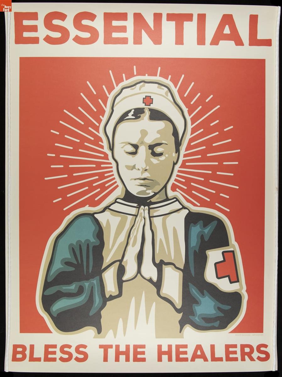 Poster, "Essential; Bless the Healers," 2020 Nurse with hands clasped in a prayer position, head bowed, eyes closed, on a red background with white halo-like lines behind her; also contains text