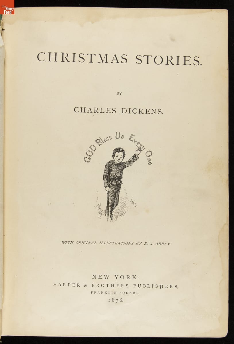 Christmas Stories, 1876 / title page Page with text and image of child with crutch, waving