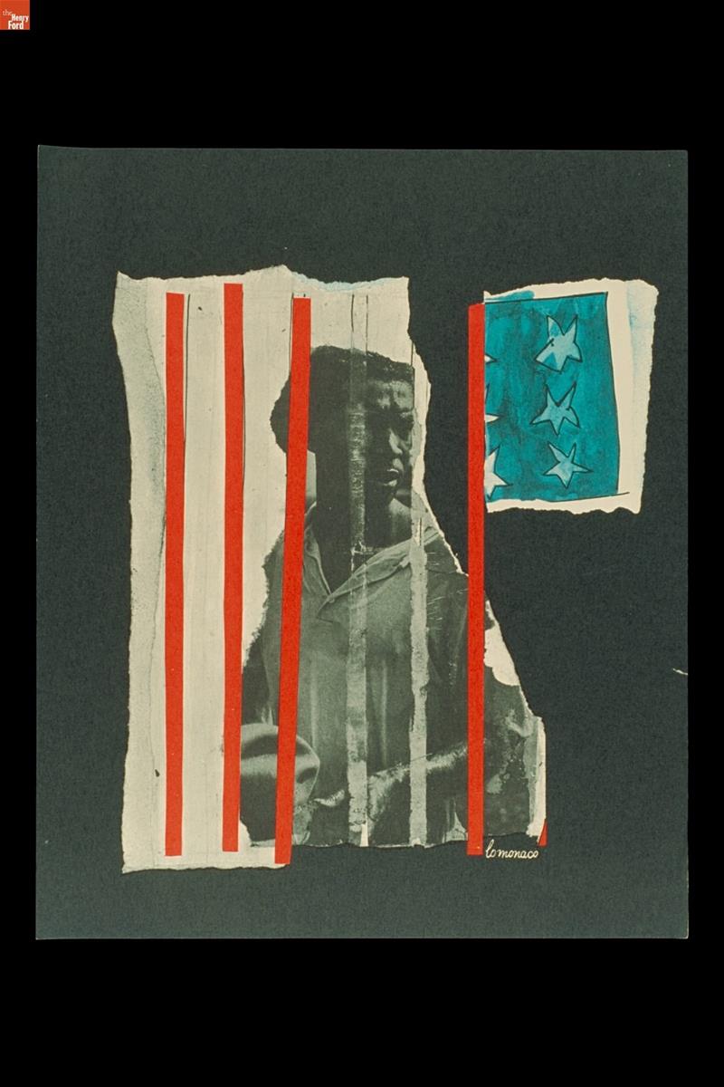 Print with image of Black man behind red bars with blue and white stars nearby