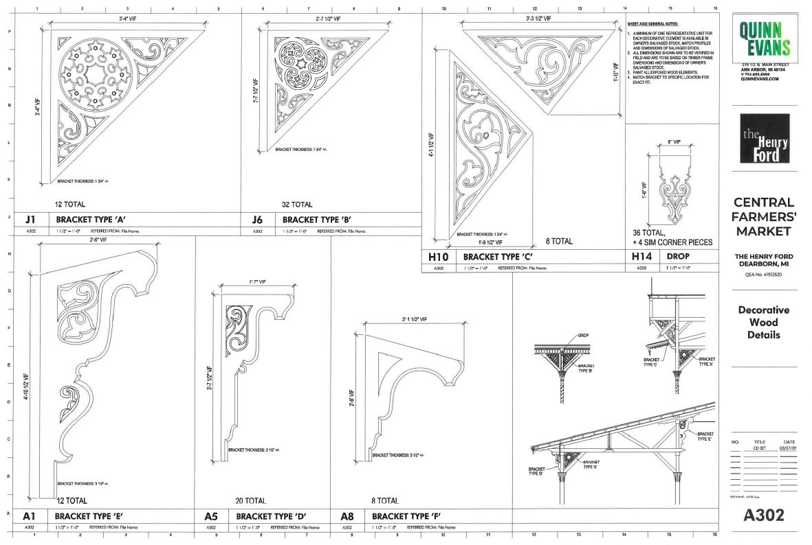 Detroit Central Market decorative wood details Rendering showing several similar but not identical styles of wooden brackets; also contains text