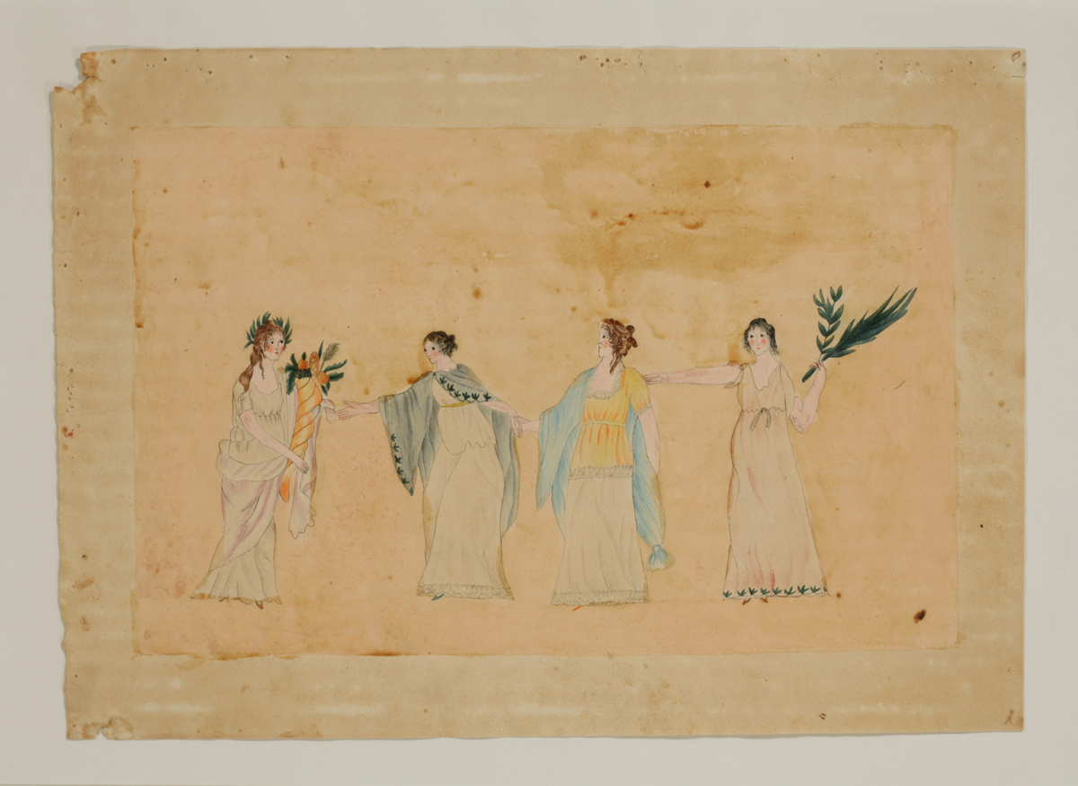 Painting of four women in varying styles of white gowns, one holding flowers and one greenery