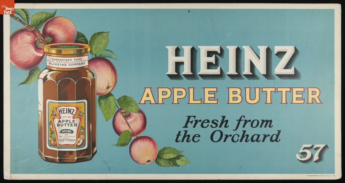 Streetcar Advertising Poster for Heinz Apple Butter, "Fresh From the Orchard," circa 1920 Blue sign with text and image of apple bough and jar of apple butter
