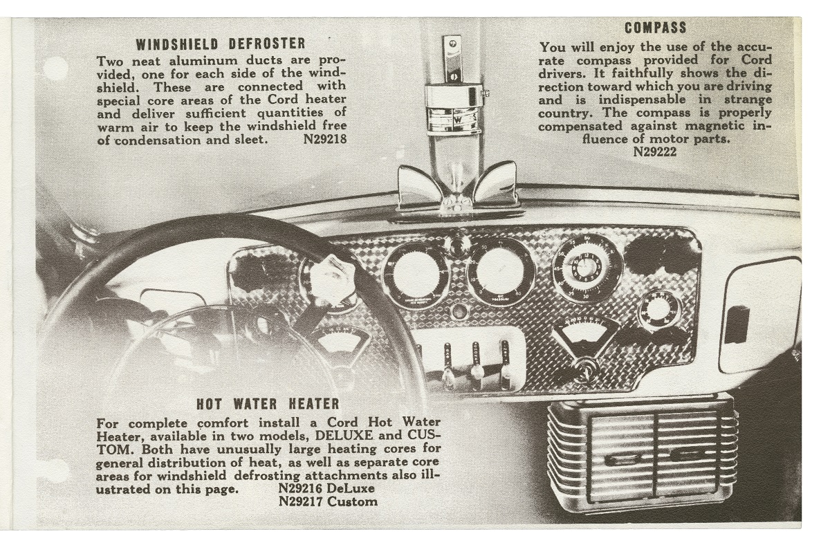 Cord Approved Accessories catalog , 1937 Page showing car dashboard with text