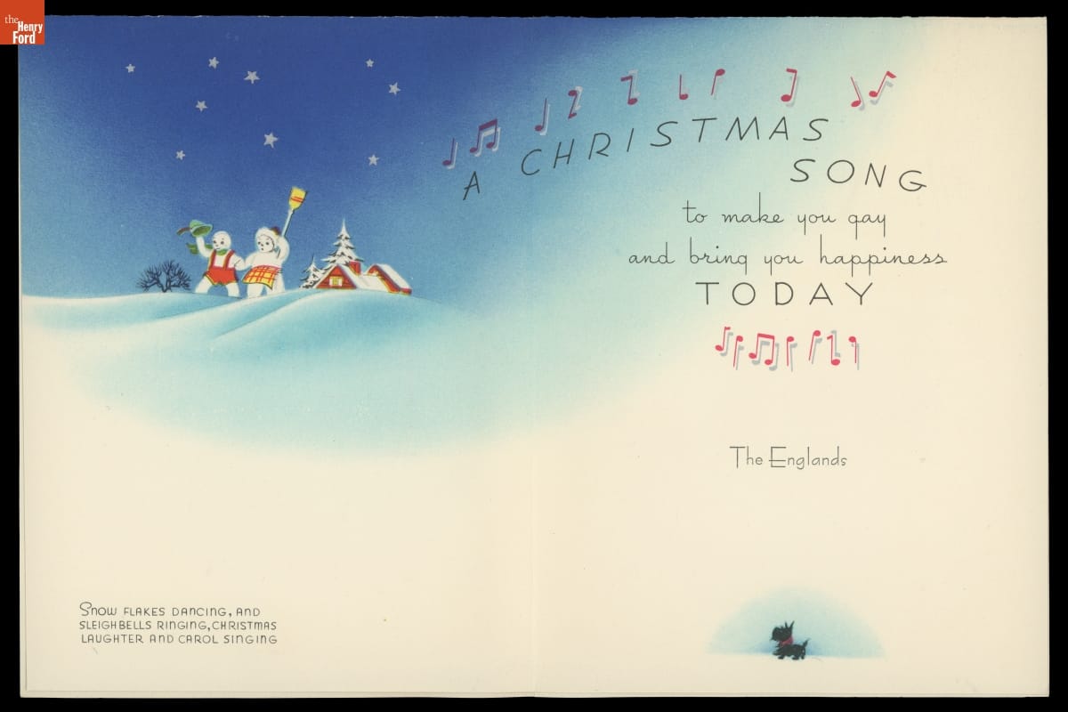 Christmas Card, "Cheerio," 1941 / inside Interior of a Christmas card depicting two snowpeople walking from a red building (church?) across snowy slopes against a blue sky filled with stars, and a Scottie dog; also contains text