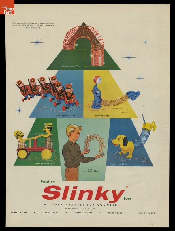 Advertisement for Slinky, "Insist on Slinky Toys," 1957 Slinky toy advertisement from Life Magazine
