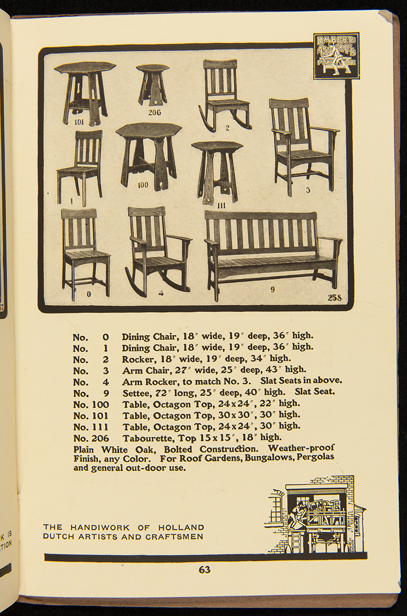Page with text and images of chairs, rocking chairs, tables, and a bench