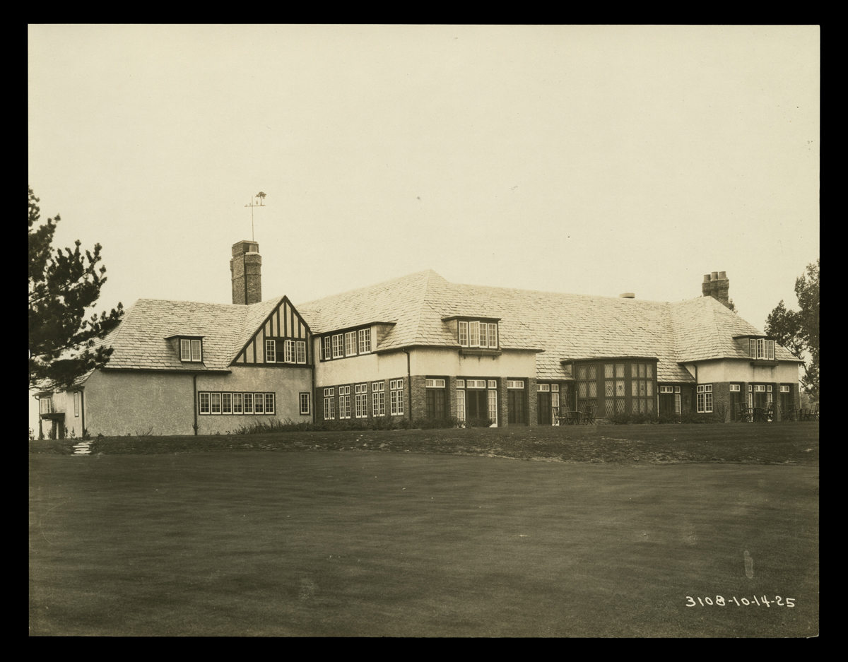 Dearborn Country Club, Dearborn, Michigan, 1925 Black-and-white photo of large Tudor-style two-story (?) building