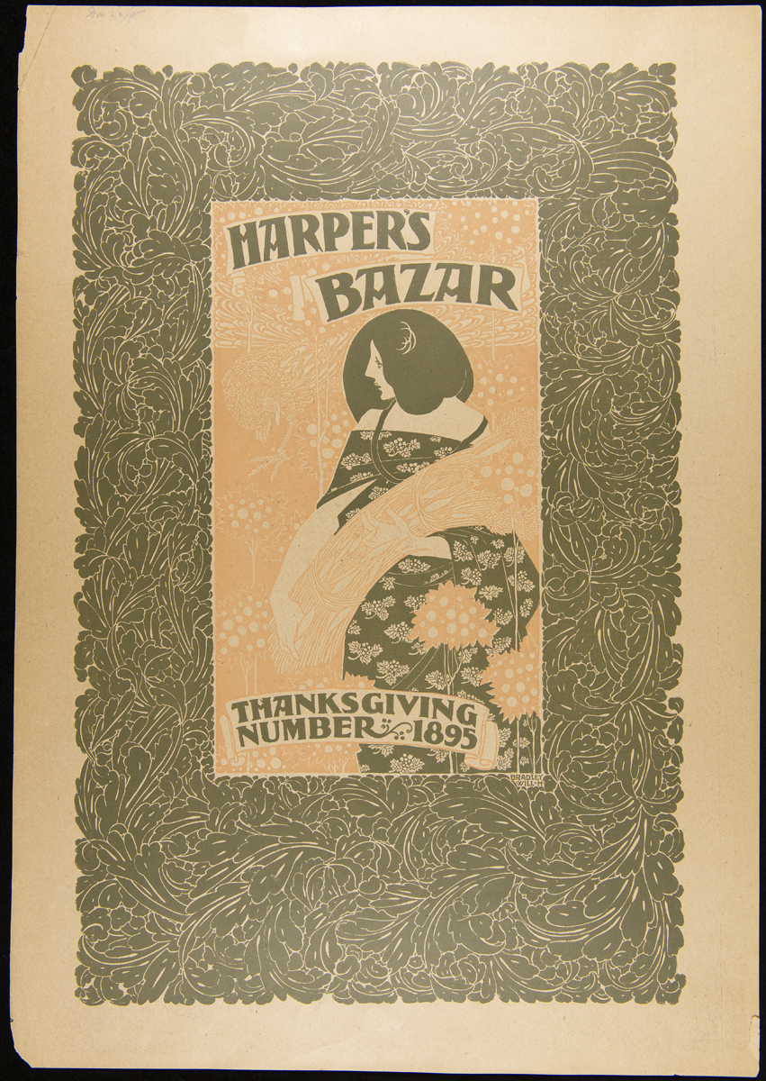 Harper's Bazar Thanksgiving, Number 1895 Stylized image of woman holding sheaf of wheat and corn, with subtle images of turkey and greenery in the background; also contains text