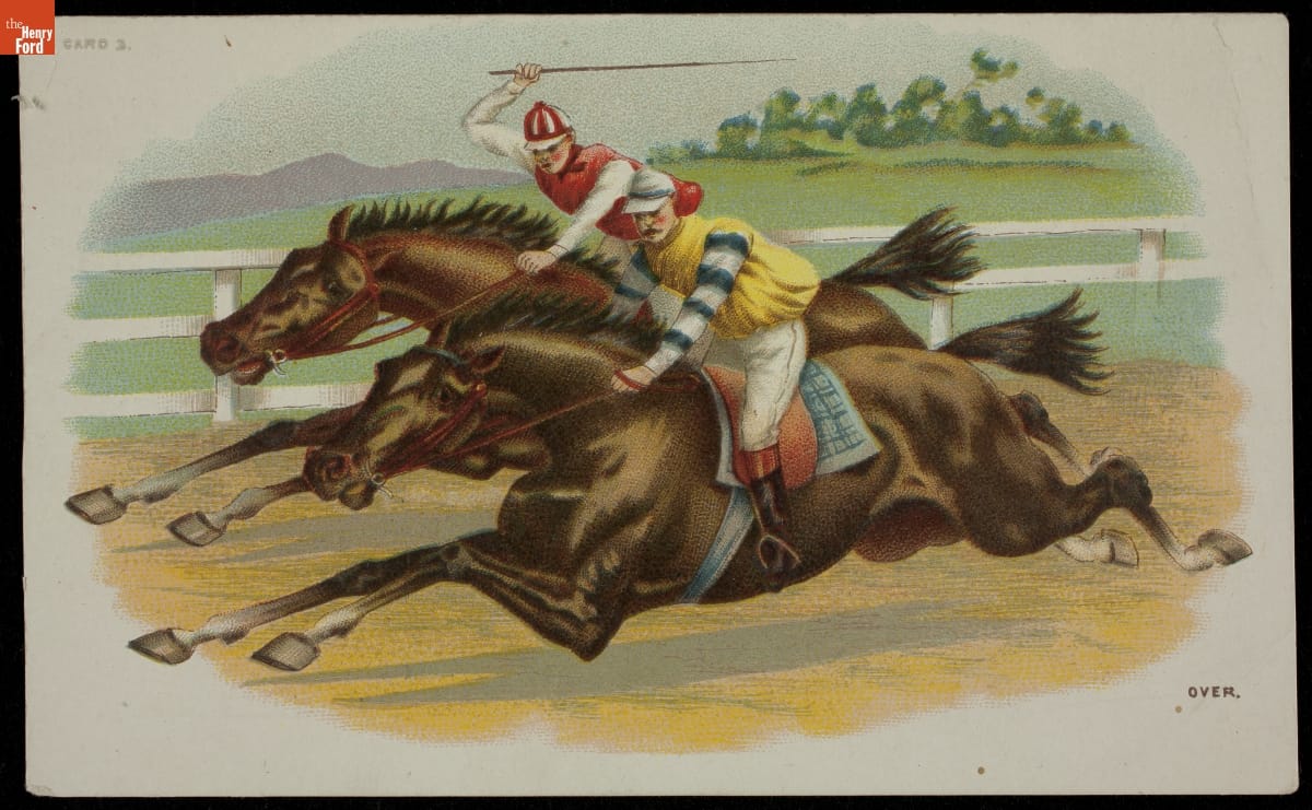 Advertising Card for "The Big Fair," New Castle, Indiana, August 1890 Two jockeys on horses running on a racetrack
