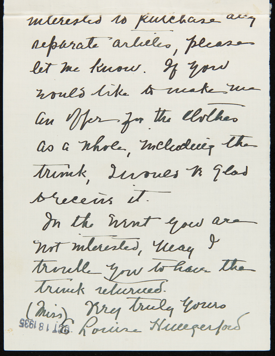 Letter from E. Louise Hungerford to Henry Ford Offering to Sell a Trunk with "Old Fashioned Clothes," September 9, 1935 / page 2 front Page of hand-written (cursive) letter