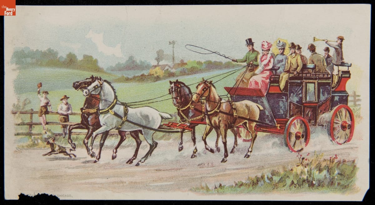 Trade Card for Eureka Harness Oil and Boston Coach Axle Oil, circa 1893 Four horses pull a coach with a number of passengers; two boys watch from a fence nearby and a dog barks at the lead horses