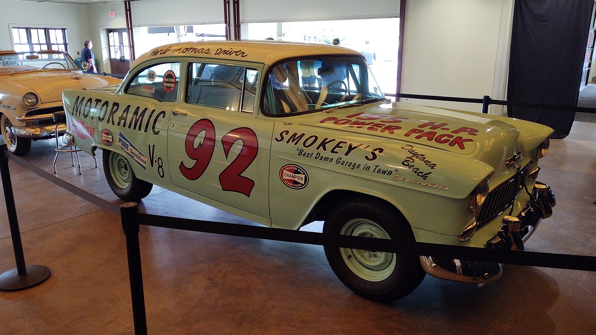 1955 NASCAR Chevrolet #92 Light blue car with text and logos on sides, top, and hood