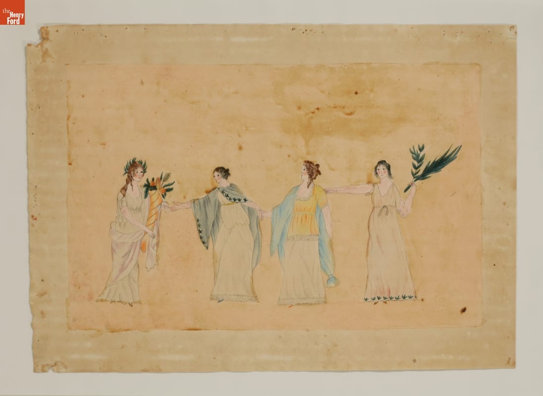 Painting of four women in flowing white gowns; one holds a cornucopia and one two plant fronds