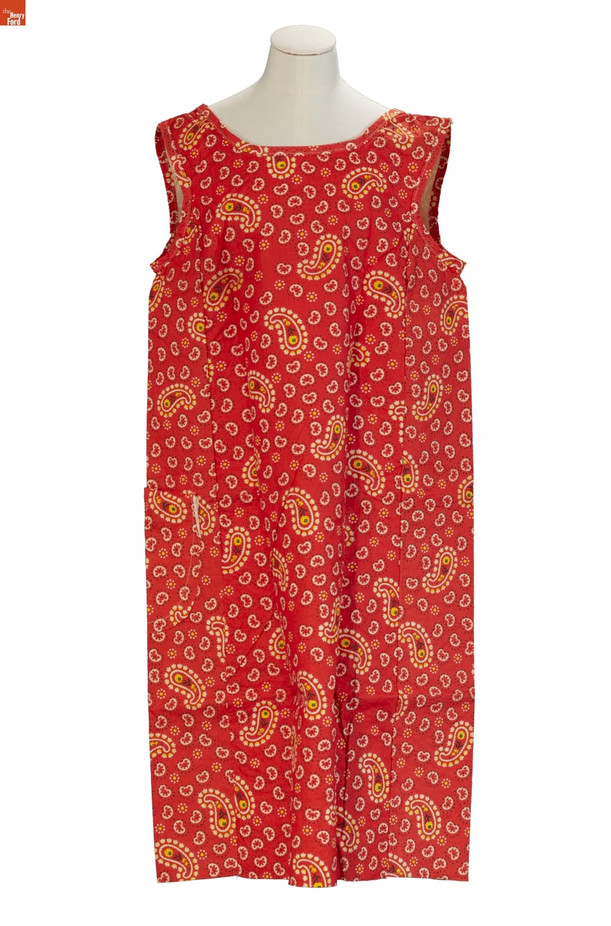 "Red Bandana Paper-Caper" Dress, 1966-1967 Red sleeveless shift dress with yellow paisley pattern