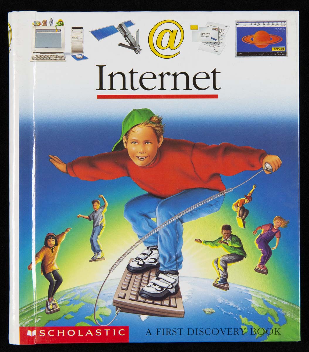 Book cover with text, icons, and image of children on surfboards floating above the planet Earth