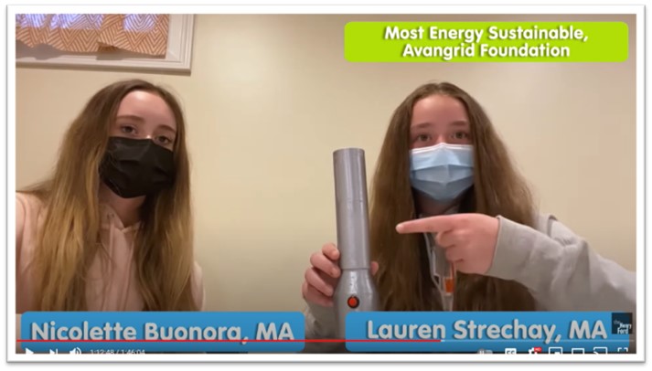 Nicolette Buonora and Lauren Strechay, winners of the Most Energy Sustainable Award presented by the Avangrid Foundation Video screen capture of two girls with long, brown hair wearing masks, one pointing to a flashlight; also contains text