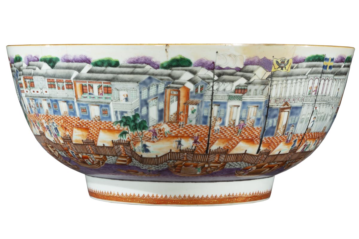Punch Bowl, 1780-1784 Short-ish bowl with wide base and even wider sides, decorated with a wharfside scene of buildings, people, docks, boats, and water