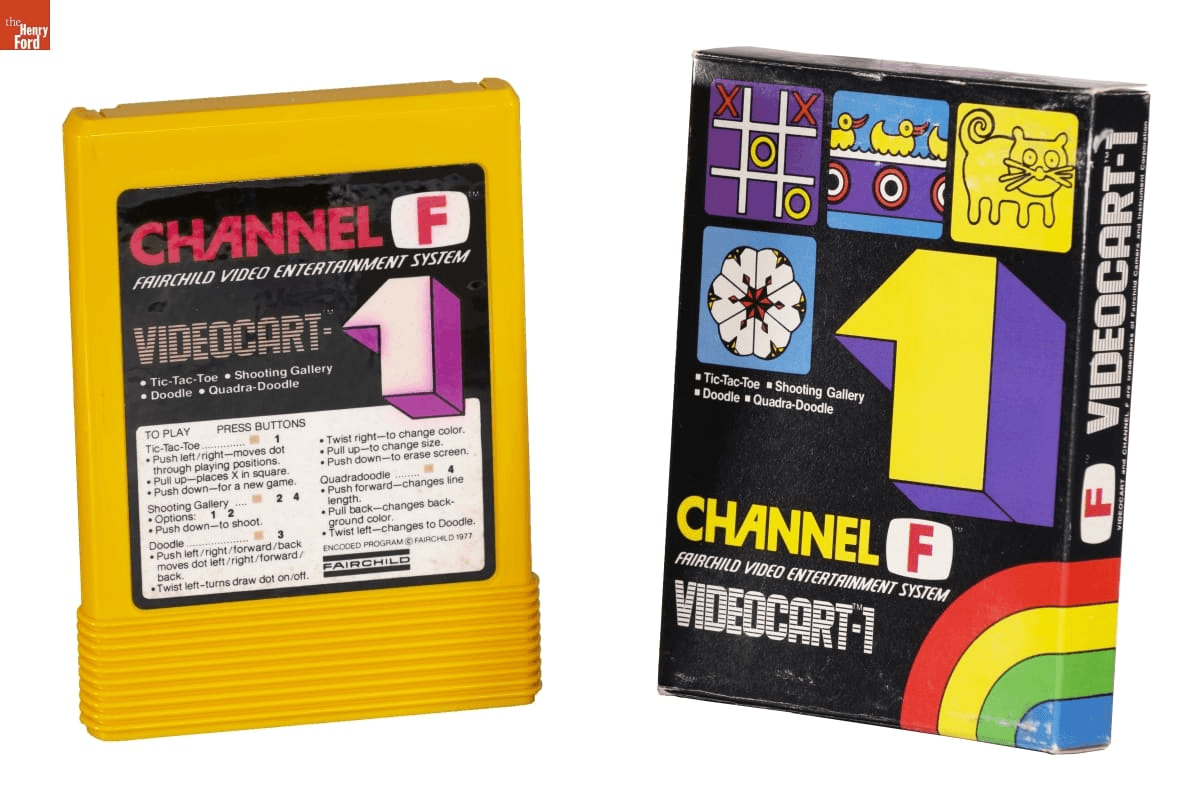 Channel F games Rotating GIF featuring colorful images of various game cartridges next to their graphic boxes