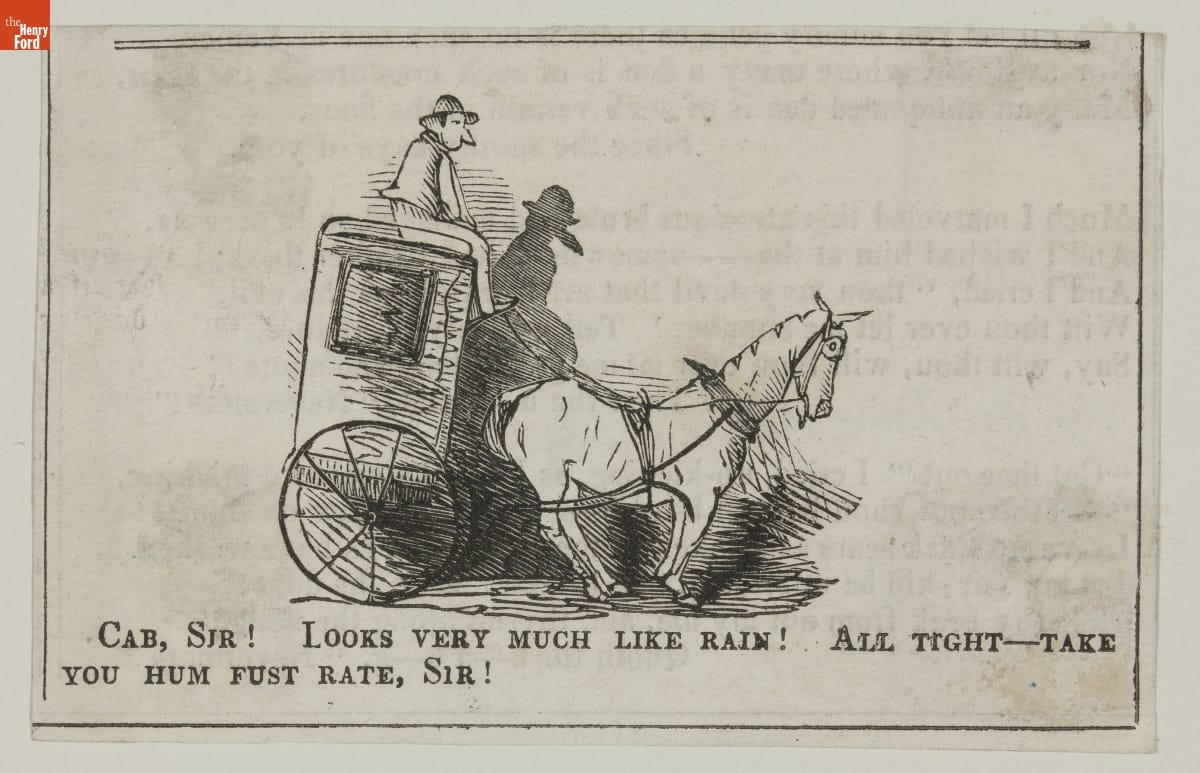 Cartoon of a Cabbie Soliciting Trade, 1846 Drawing of man perched atop high, narrow, two-wheeled carriage with a horse harnessed to it; also contains text