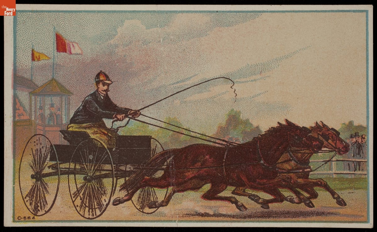 Trade Card for Carriages and Buggies, Royal J. Ford, circa 1891 Man in open cart harnessed to two horses, running on track with spectators watching