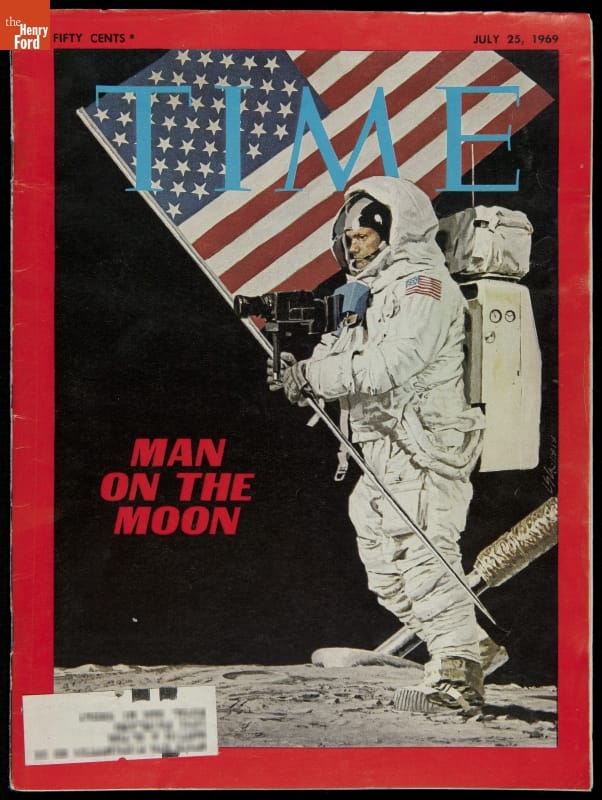 Time Magazine for July 25, 1969, "Man on the Moon" Magazine cover with illustration of astronaut in space suit with an American flag on the moon; also contains text