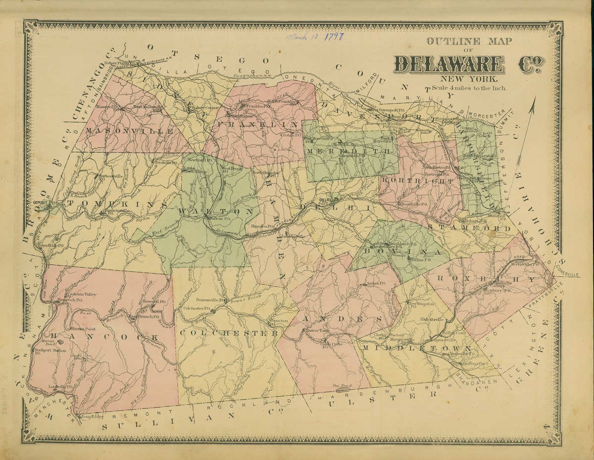 Outline Map of Delaware County, New York Map with different areas shaded in yellow, green, and pink