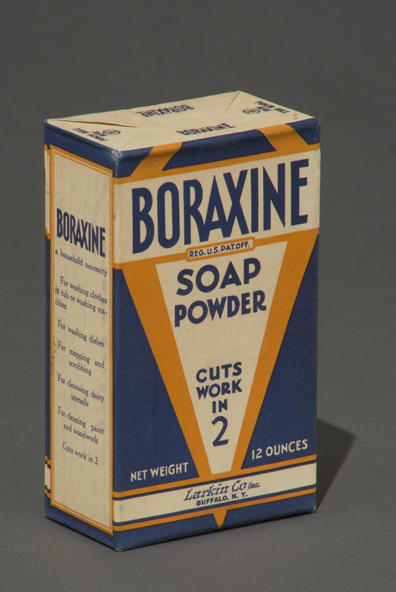 Boraxine Soap Powder, 1925-1940 Blue, orange and white box with text