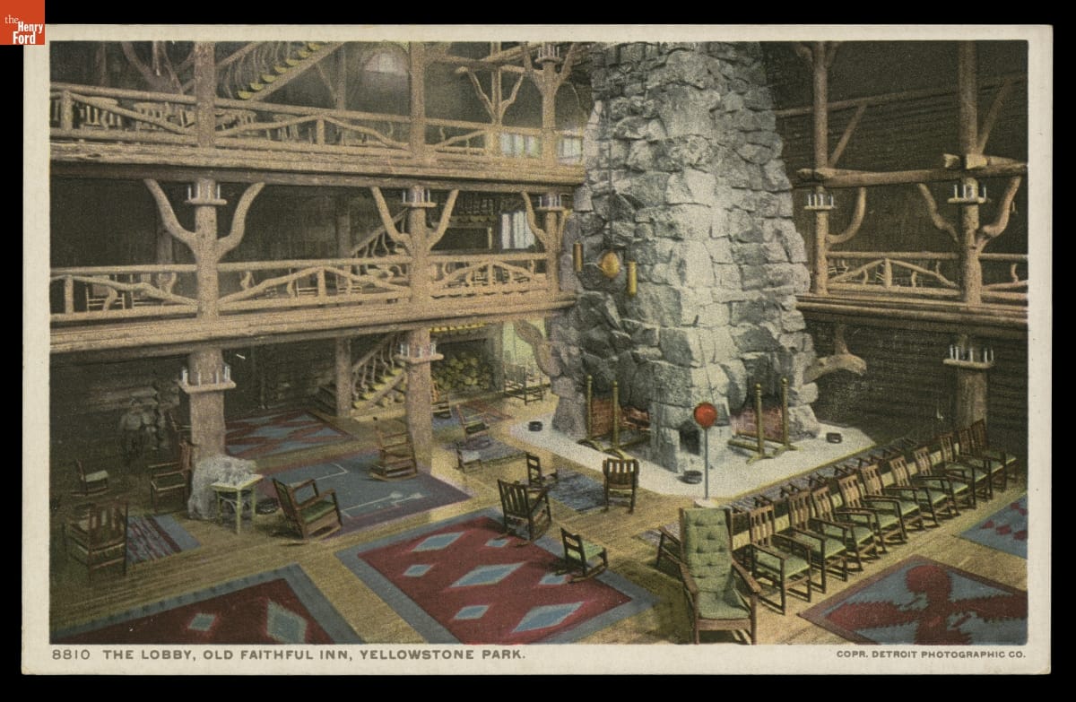 The Lobby, Old Faithful Inn, Yellowstone Park, 1904-1905 Postcard of large rustic space with interior balconies around perimeter and multi-story stone fireplace; also contains text