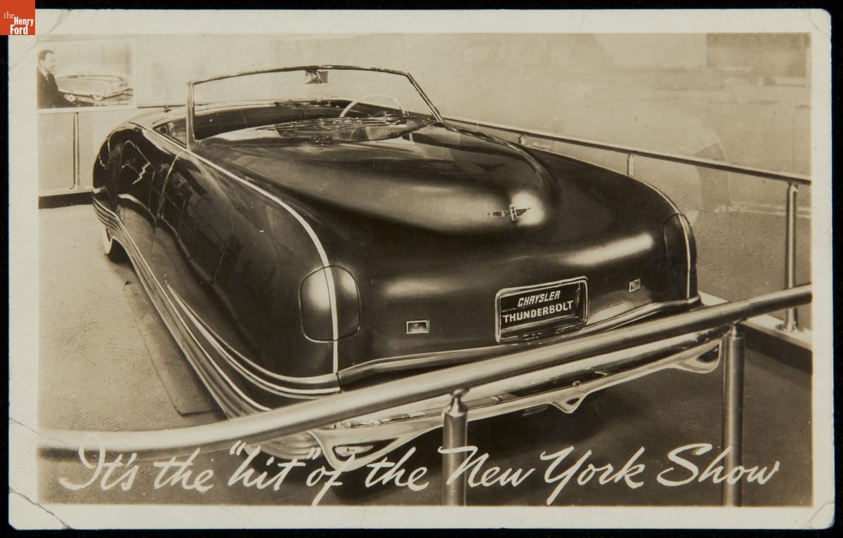 Chrysler Thunderbolt, "It's the "hit" of the New York Show," 1940-1941 Long, rounded car surrounded by barriers; contains text