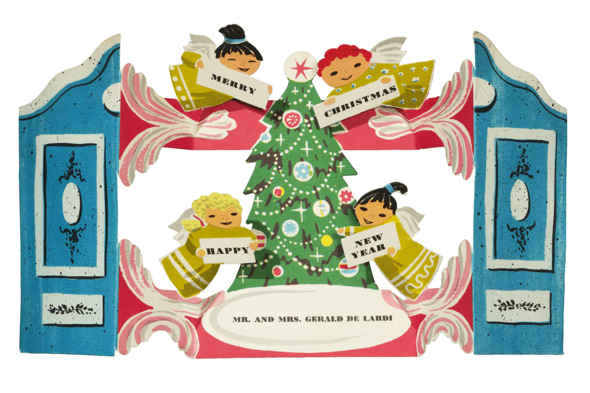 A Karl Koehler three-dimensional Christmas card Blue doors that open to reveal a Christmas tree with four angels floating around it holding signs with text