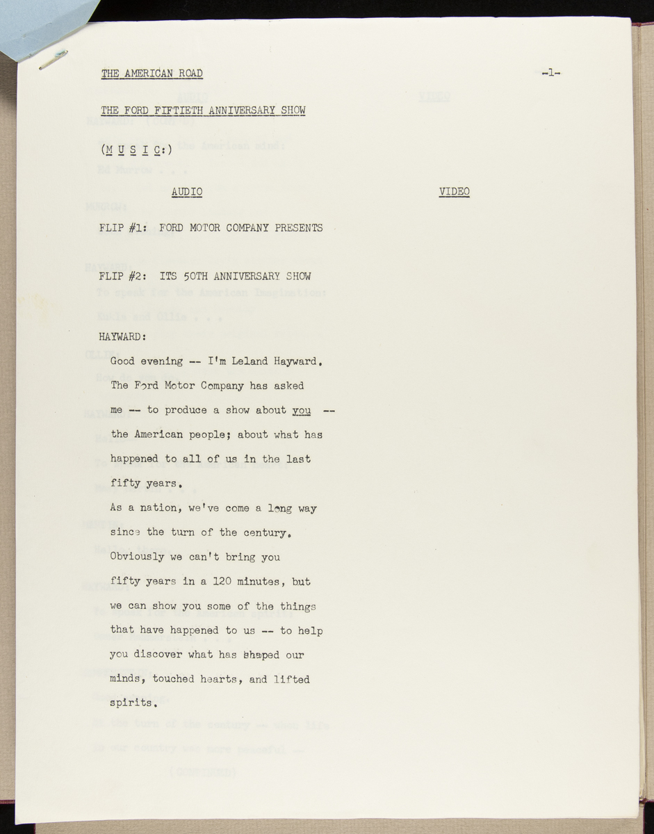 THF622240 / Script for the Ford Motor Company 50th Anniversary TV Show, Broadcast June 15, 1953 / page 1 Page with typewritten text
