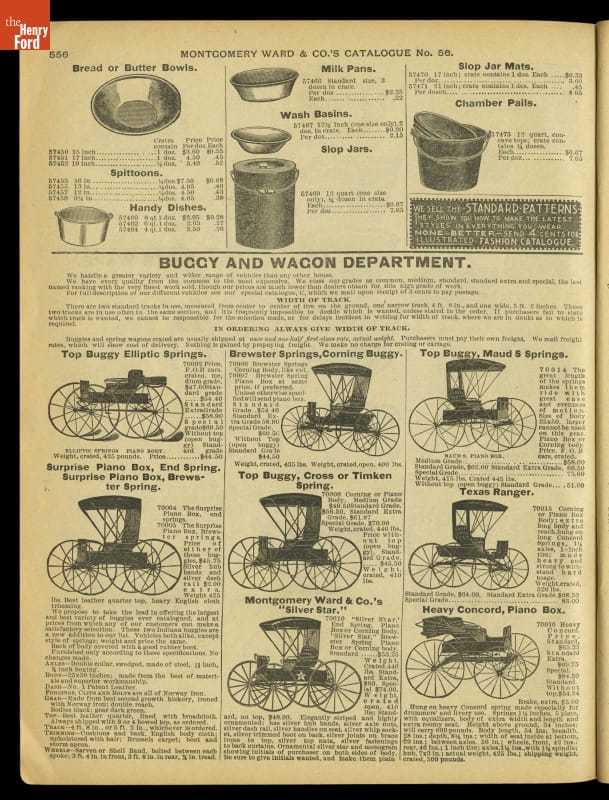 Montgomery Ward & Co. Sales Catalog, Fall & Winter, 1894 / page 556 Page with illustrations of and text about buggies and other products