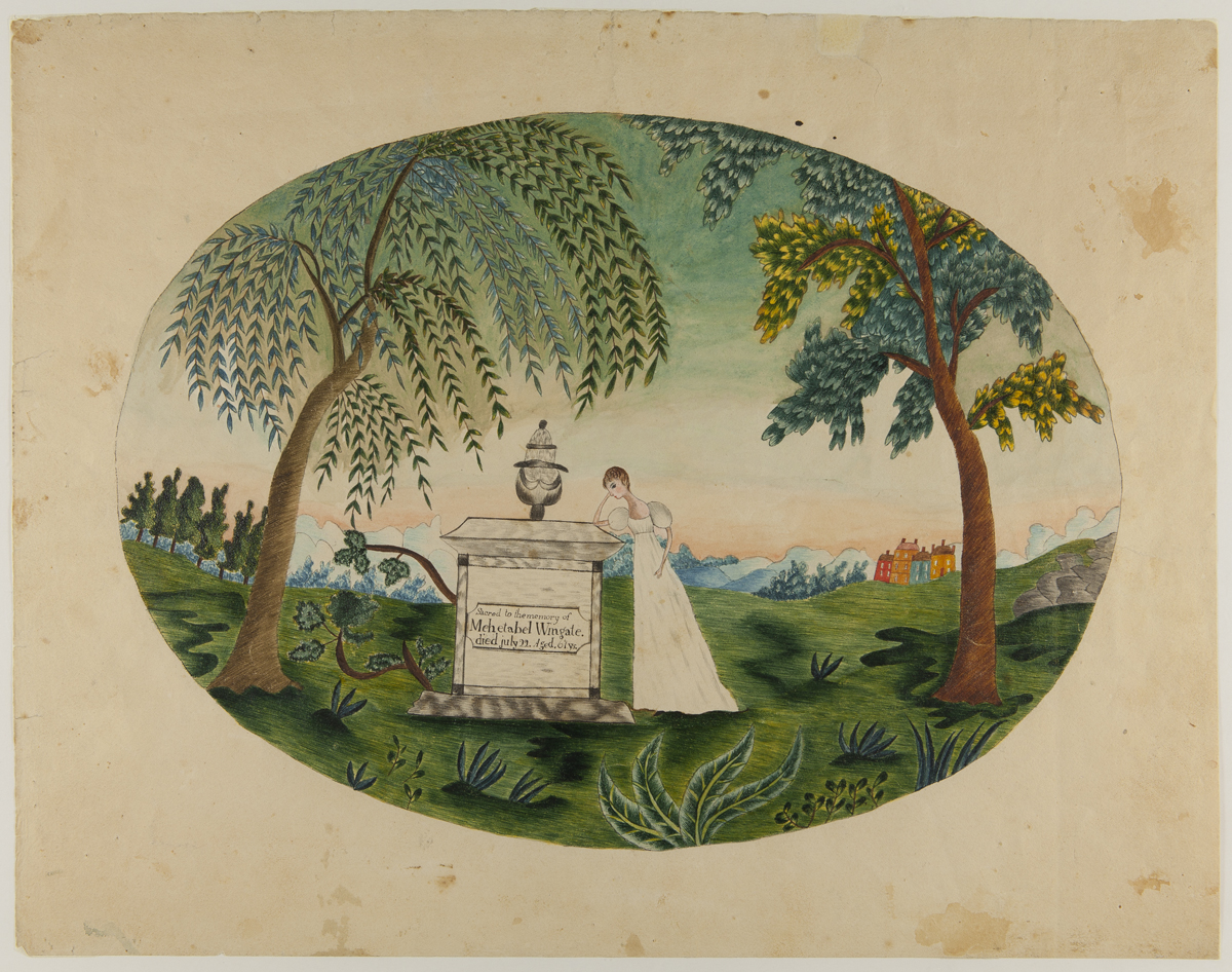 Oval-shaped painting of woman in white dress leaning on a memorial containing text