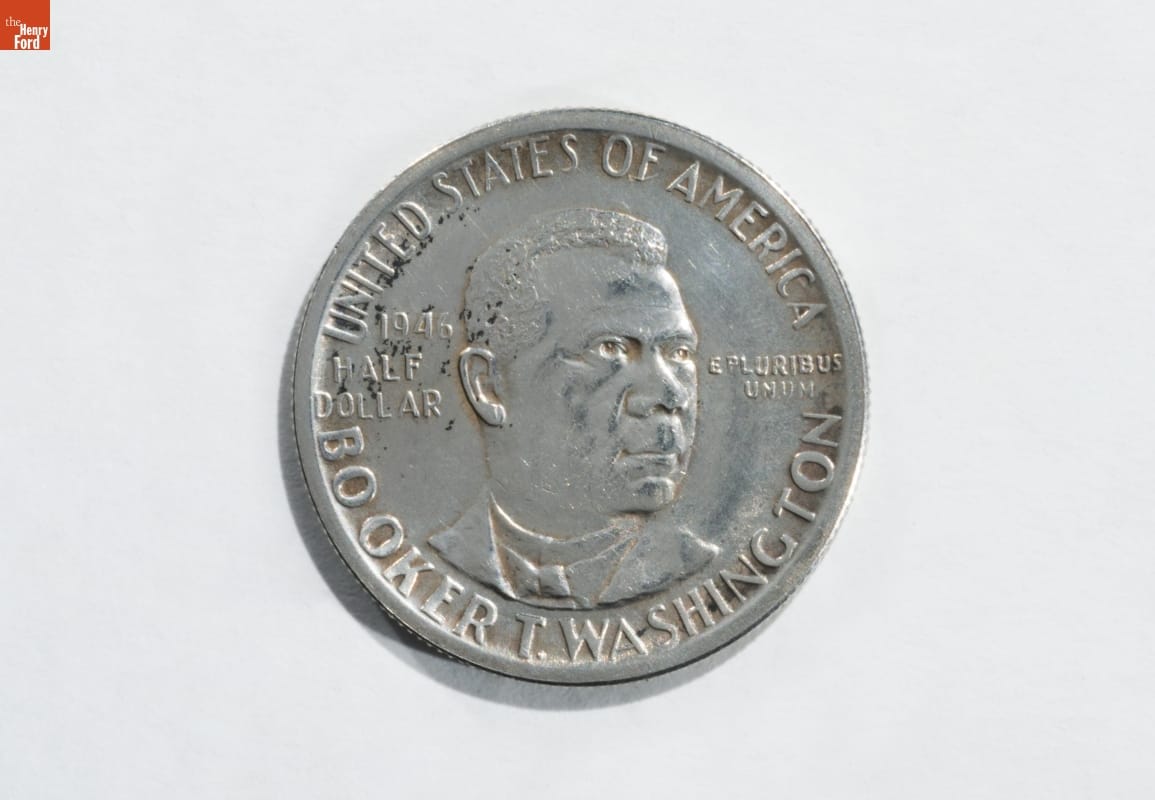 Commemorative Half Dollar Coin Featuring Booker T. Washington, 1946 Silver coin with text and image of man's face