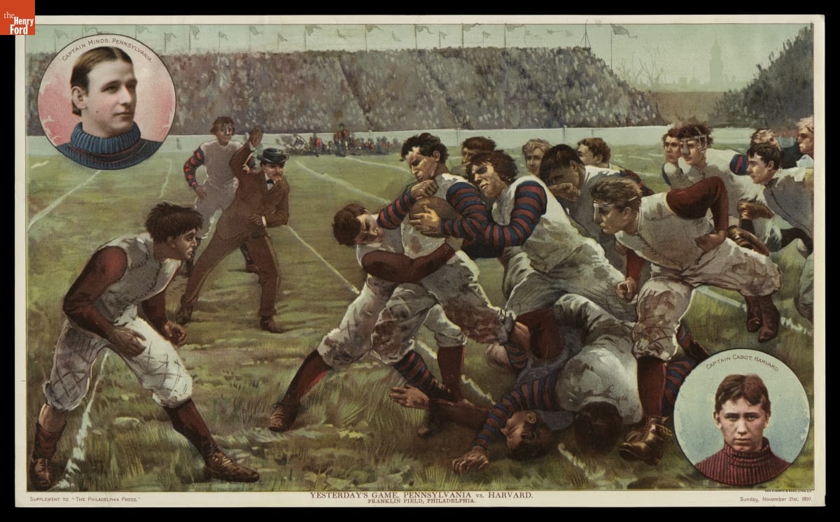 Photolithograph, "Yesterday's Game, Pennsylvania vs. Harvard. Franklin Field, Philadelphia," 1897 Color illustration of men playing football without protective gear; insets of two men's heads in corners