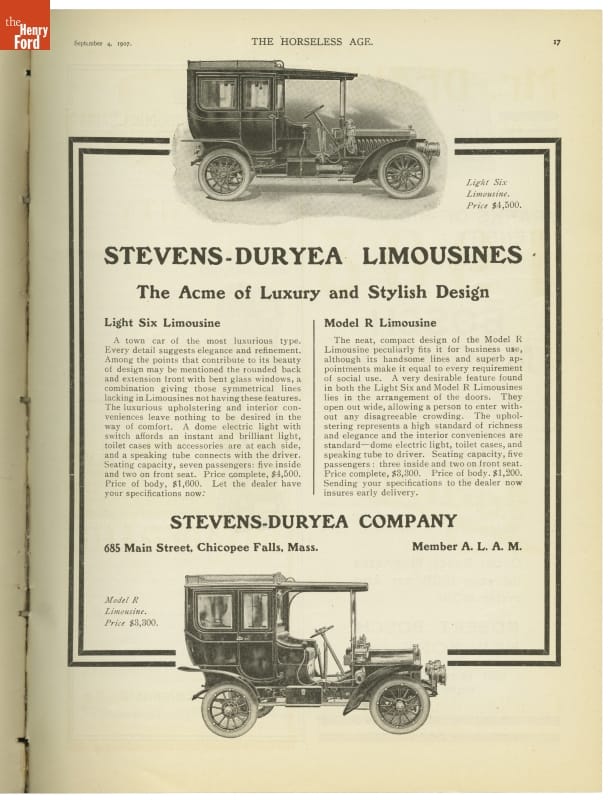 "Horseless Age" Magazine, Bound Volume for July-December 1907 (Vol. 20) Page with text and two illustrations of cars