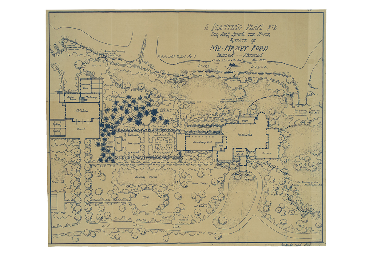 Landscape Architecture Drawing for Fair Lane, "A Planting Plan for the area around the House," November 1915 Blueprint showing aerial layout of large house and extensive gardens