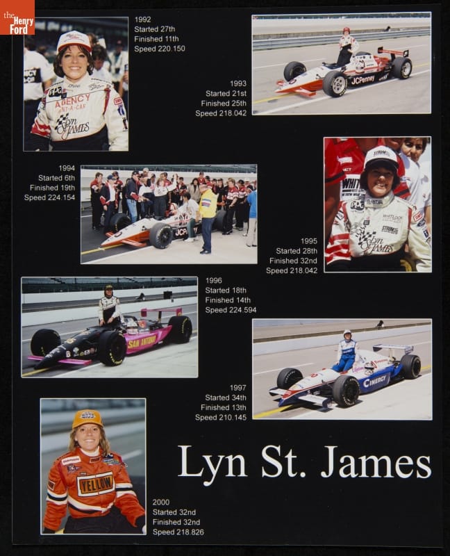 Lyn St. James at the Indianapolis 500 Race, 1992-2000 Collage with text and photos