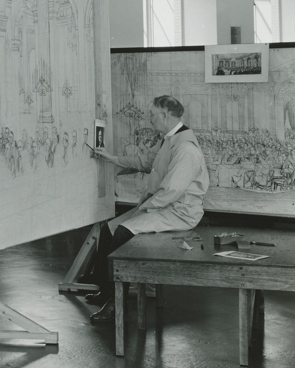 Irving Bacon Works on the Painting of Light's Golden Jubilee