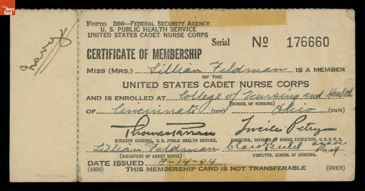 Certificate of Membership in the United States Cadet Nurse Corps for Lillian Feldman (Schwartz), August 14, 1944