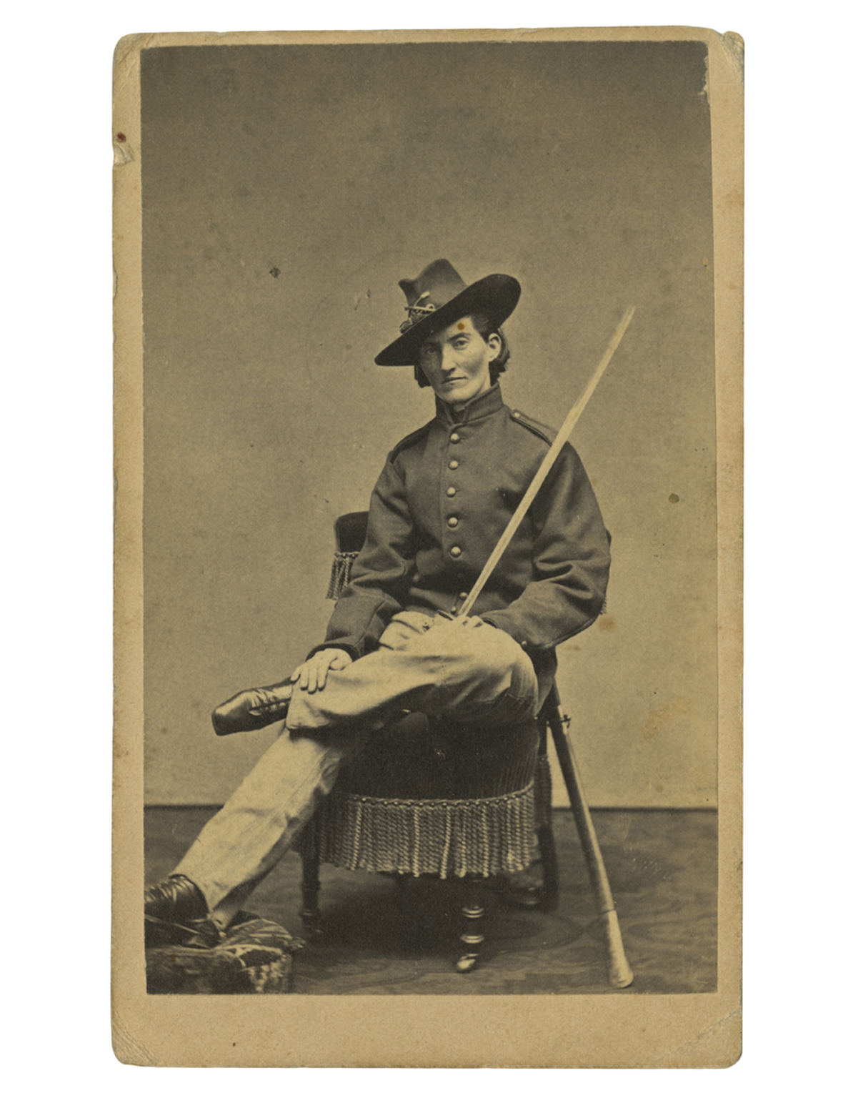 Frances Clayton (c.1830-after 1865), who disguised herself as “Jack Williams” to join her husband in the war, posed for this carte-de-visite at Samuel Masury’s studio in Boston, Massachusetts, circa 1865. While some have questioned Clayton’s exact involvement in the war, her images in uniform are probably the most recognized.